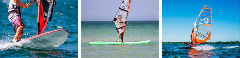 Three adjacent images of windsurfing at sea: a close-up of a board cutting through water, a person standing on a board in shallow calm water, and a windsurfer speeding across waves with a bright orange sail.